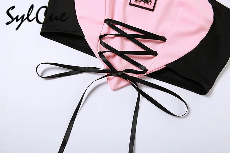 Sylcue Stitching Pink Sexy Hanging Neck Elastic Outer Wear Mature Charm Hot High Street Royal Sister Women's Vest Short Top SS69