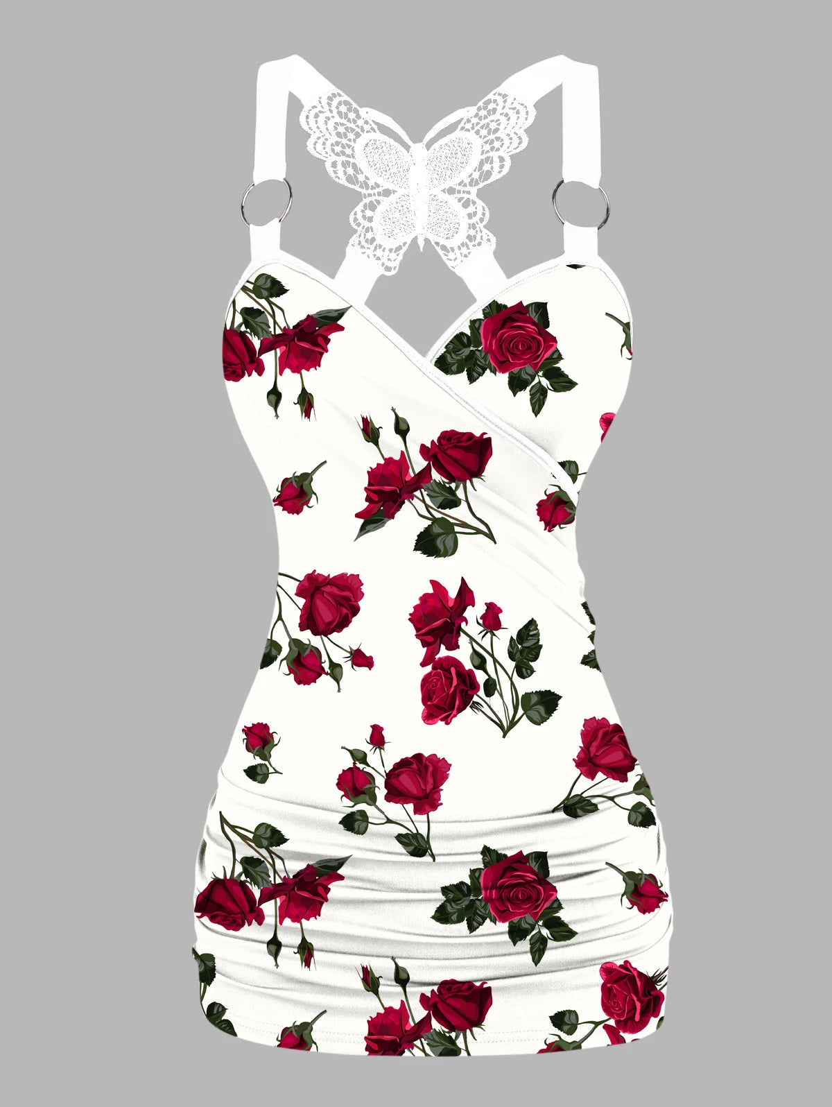 Dressfo 2025 Women's Tank Tops Rose Print Ruched Butterfly Lace Cross Tank Top O Ring Surplice Summer Top SS69 19.69 White 1 / M