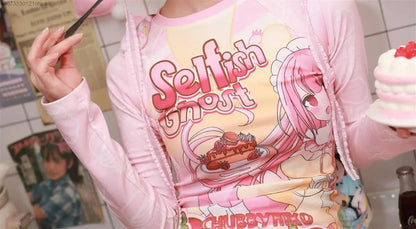 Subcultural Spicy Girl Clothes Cute Bottom Tee Shirt Y2k Harajuku Anime Slim Long Sleeve T-shirts Women Cartoon Pink Crop Tops SS69