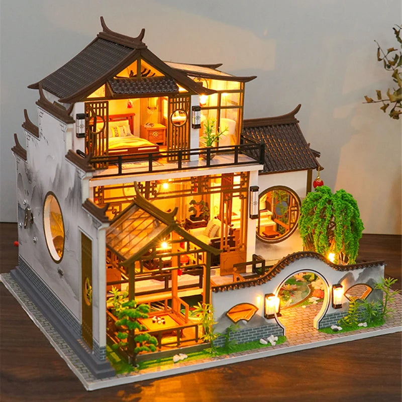 NEW DIY Wooden Doll Houses Japanese Ancient Casa Miniature Building Kits with Furniture Led Dollhouse for Adults Christmas Gifts SS69