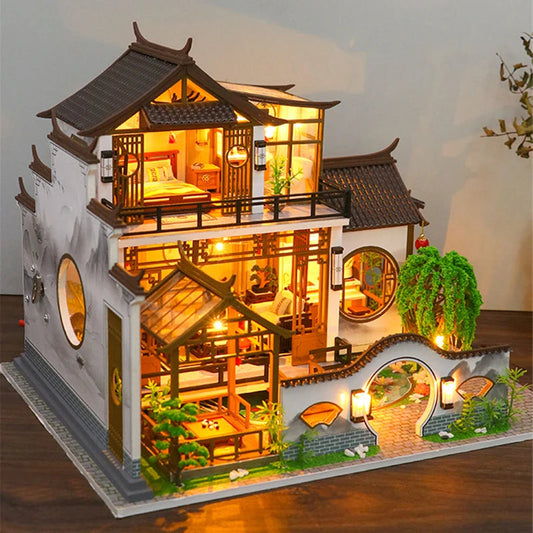 NEW DIY Wooden Doll Houses Japanese Ancient Casa Miniature Building Kits with Furniture Led Dollhouse for Adults Christmas Gifts SS69