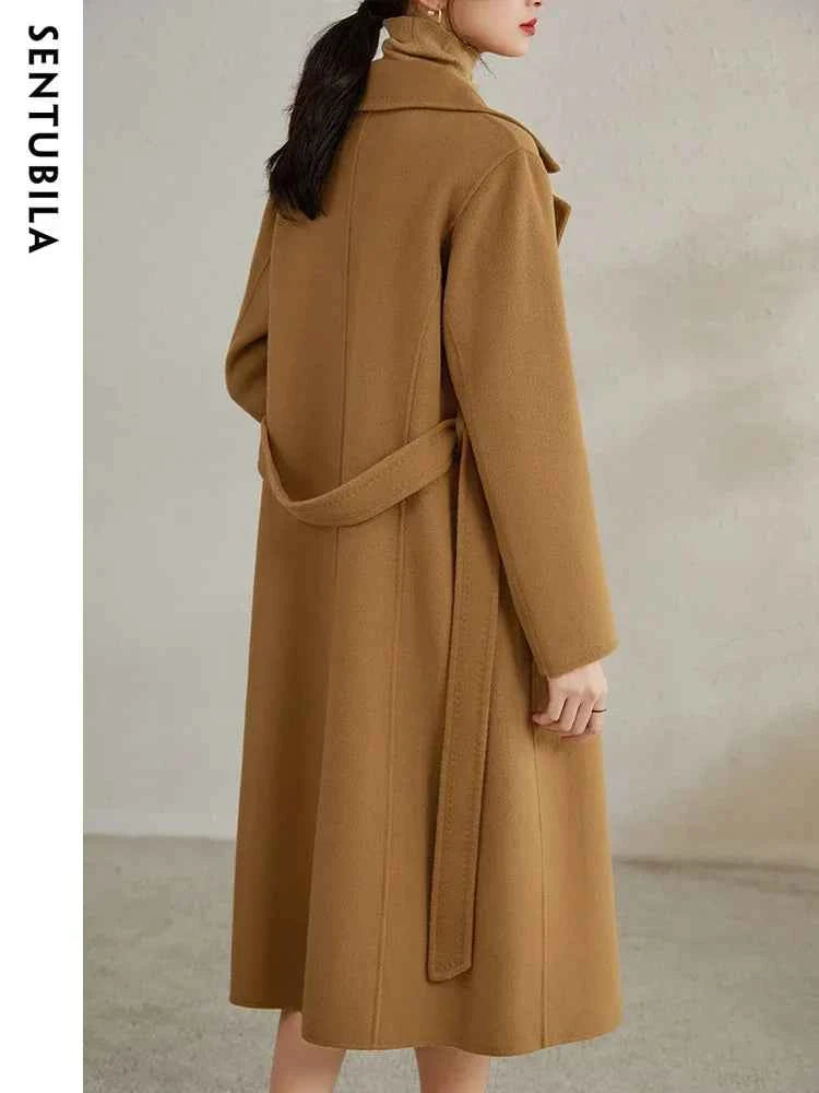 SENTUBILA Women 100% Wool Long Wrap Coat 2026 Elegant Notched Collar Belted Warm Double Faced Woolen Winter Overcoat W24O43352