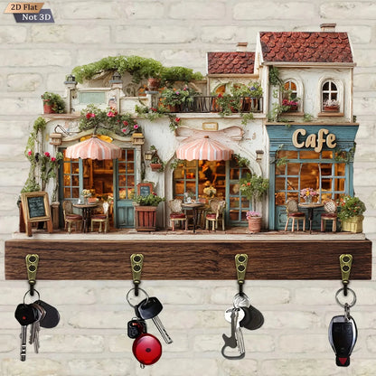 SS69 2D European Coffee House Wooden Wall-Mounted Key Holder with 4 Hooks
