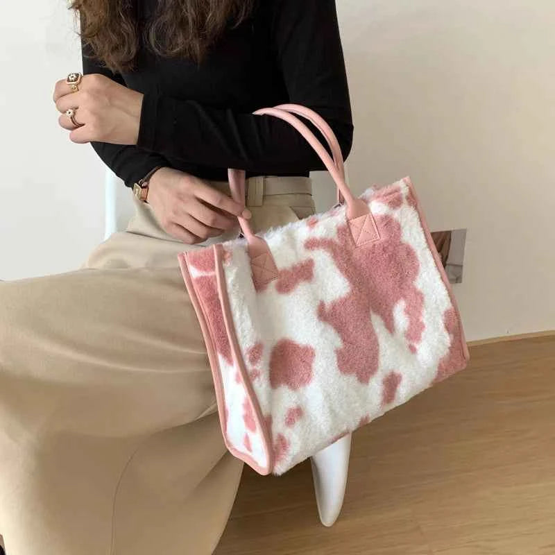 Winter Faux Fur ,Leopard Print Designer Shopper Totes, Fashion Soft Plush Women Shoulder Bags, Large Capacity Handbags and Purse