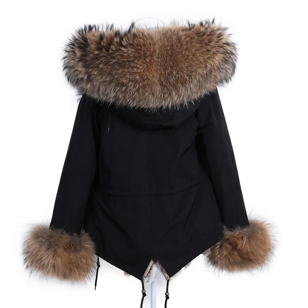 Maomaokong Winter Women Parka Cotton Jacket Real Fur Coat Natural Fox Fur Hooded Rabbit Fur Liner Thick Warm Outerwear Female