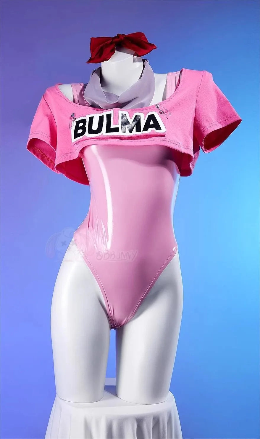Anime Bulma Cosplay Costume Wig Women Short T-shirt Sexy Leather Bodysuit Headwear Scarf Belt Bag Set Halloween Carnival Clothes