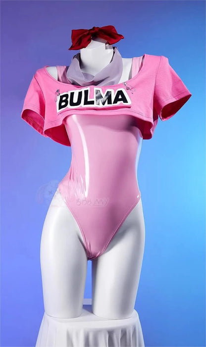 Anime Bulma Cosplay Costume Wig Women Short T-shirt Sexy Leather Bodysuit Headwear Scarf Belt Bag Set Halloween Carnival Clothes