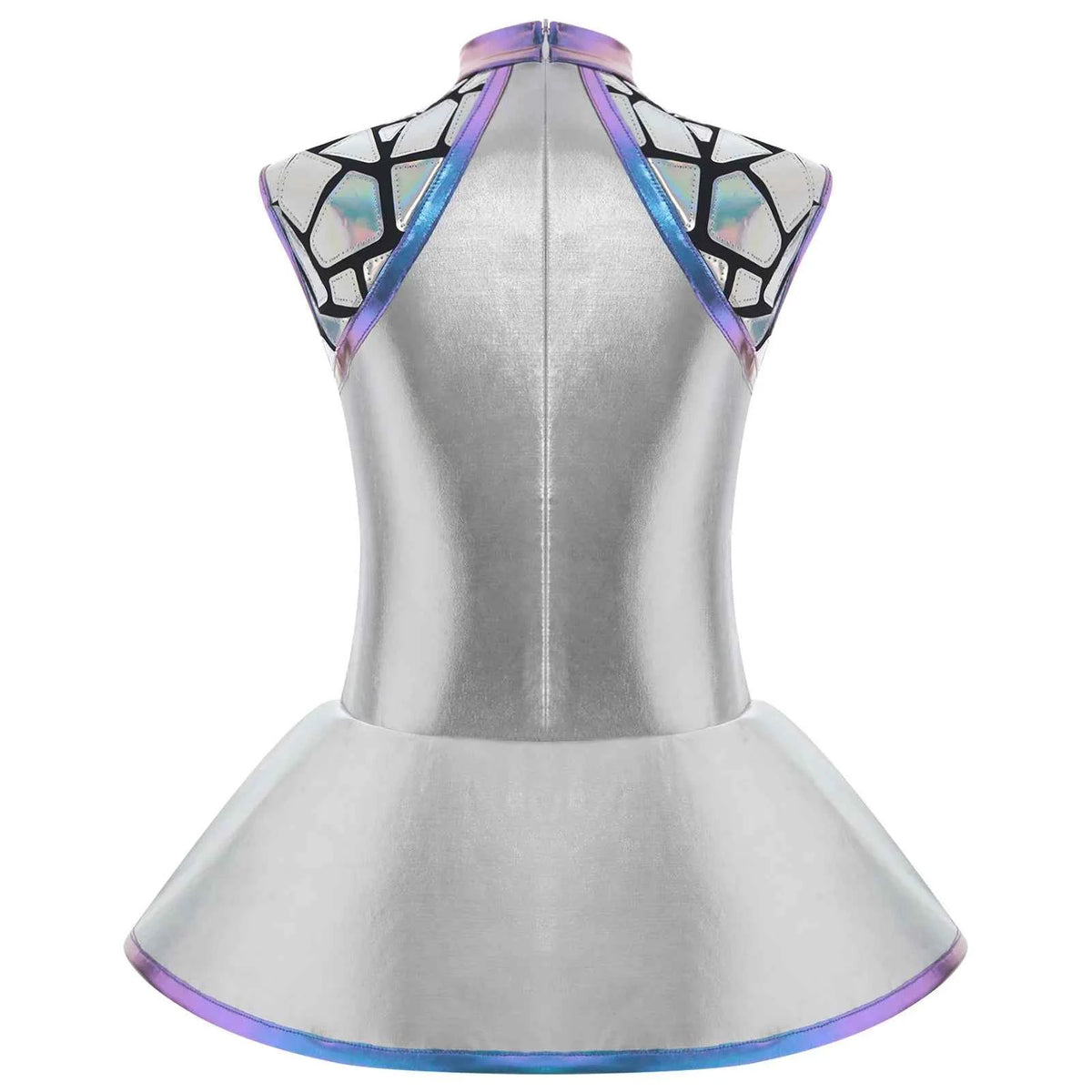 Girls Shiny Alien Outerspace Halloween Cosplay Costume Sleeveless Mock Zip Neck Tutu Dance Dress for Future World Party