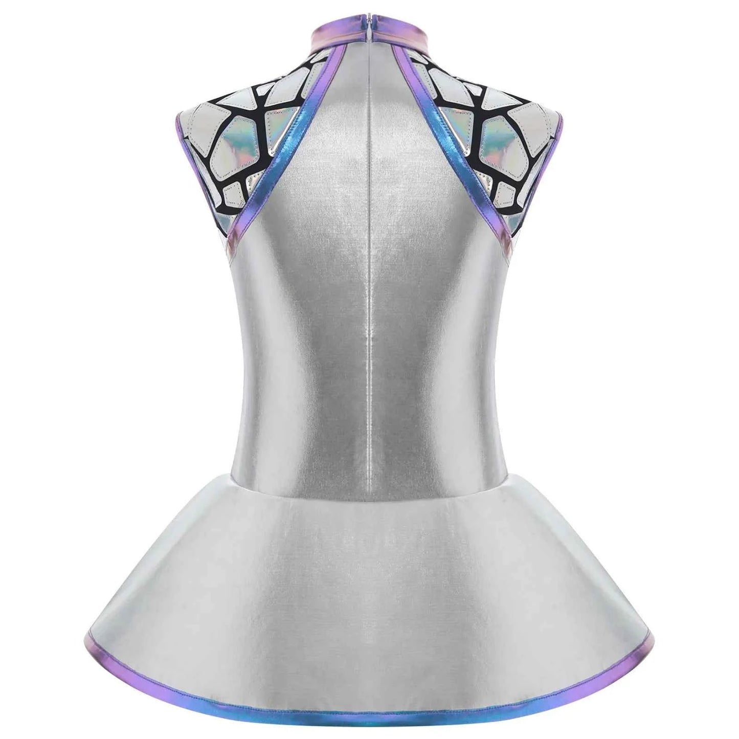 Girls Shiny Alien Outerspace Halloween Cosplay Costume Sleeveless Mock Zip Neck Tutu Dance Dress for Future World Party