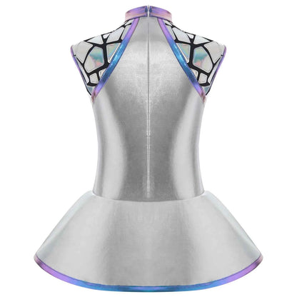 Girls Shiny Alien Outerspace Halloween Cosplay Costume Sleeveless Mock Zip Neck Tutu Dance Dress for Future World Party