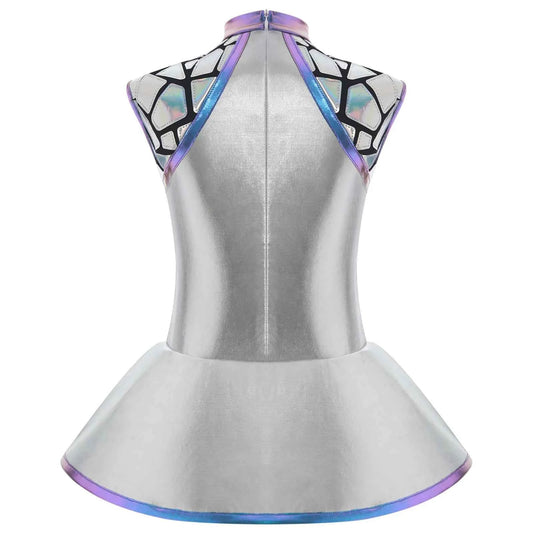 Girls Shiny Alien Outerspace Halloween Cosplay Costume Sleeveless Mock Zip Neck Tutu Dance Dress for Future World Party