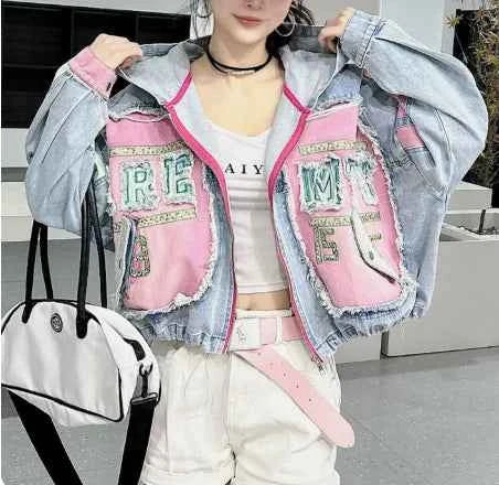 Womens Spring New 2026 Splicing Hooded Retro Denim Jacket Fashion Short Loose Versatile Zipper Long Sleeve Street Jackets