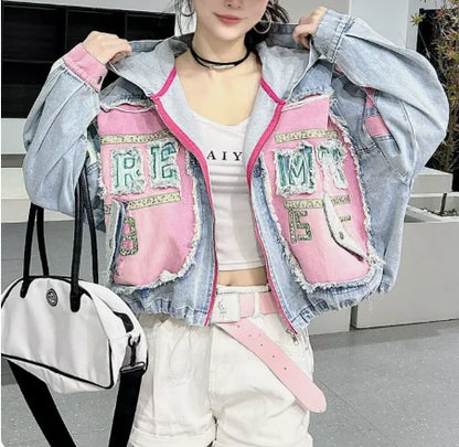 Womens Spring New 2026 Splicing Hooded Retro Denim Jacket Fashion Short Loose Versatile Zipper Long Sleeve Street Jackets