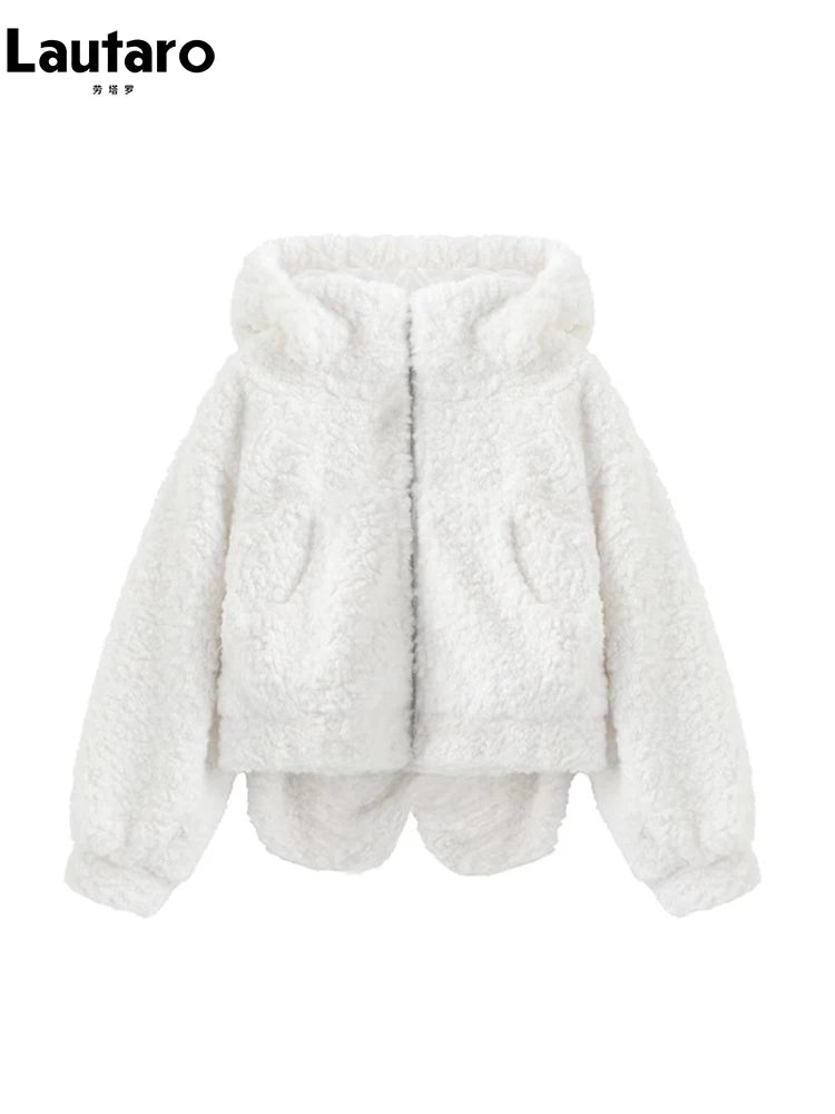 Lautaro Autumn Winter Sweet Cute Lovely Warm Soft White Short Faux Fur Coat Women  with Bunny Ears Fluffy Jacket Hoodie 2023 SS69