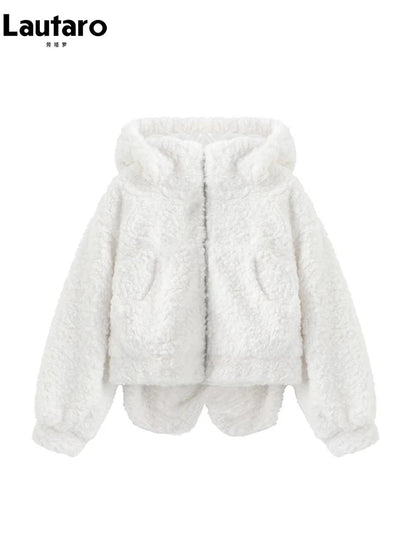 Lautaro Autumn Winter Sweet Cute Lovely Warm Soft White Short Faux Fur Coat Women  with Bunny Ears Fluffy Jacket Hoodie 2023 SS69