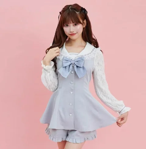 Geyalovvy Women's Lolita Sailor Collar Plaid Rhinestone Bow Two-Piece Set