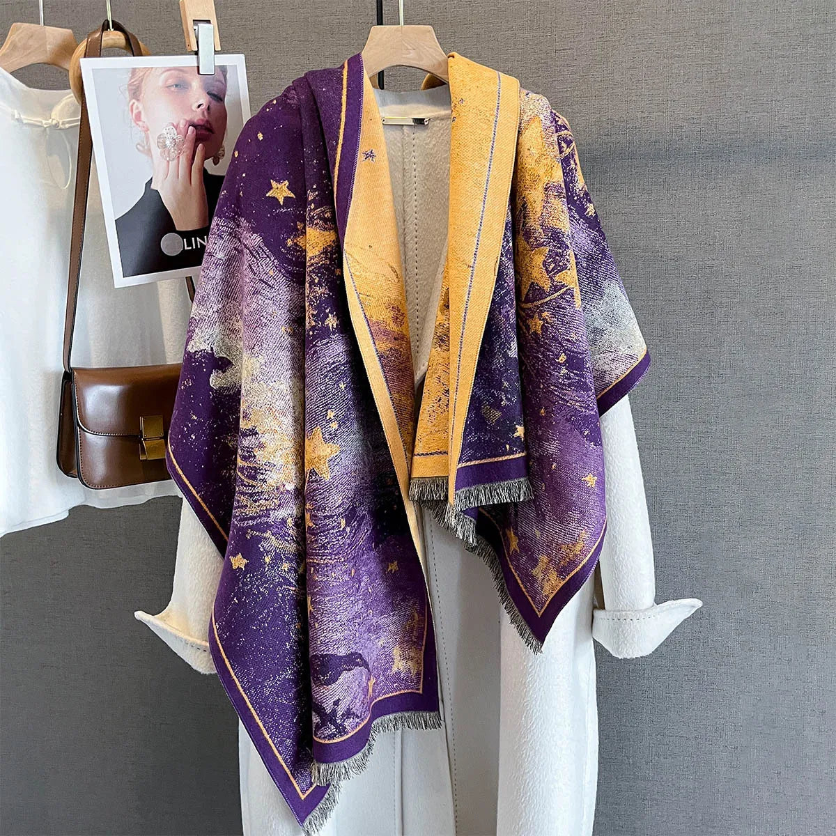 Autumn/Winter Warm Scarf 185*65cm Star Print Tassel Shawl Women's Imitation Cashmere Thickened Warps Coldproof Windproof Blanket