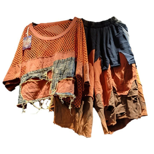 DEAT Women's Two-Piece Set Mesh Splicing T-Shirt and Denim Shorts Outfit