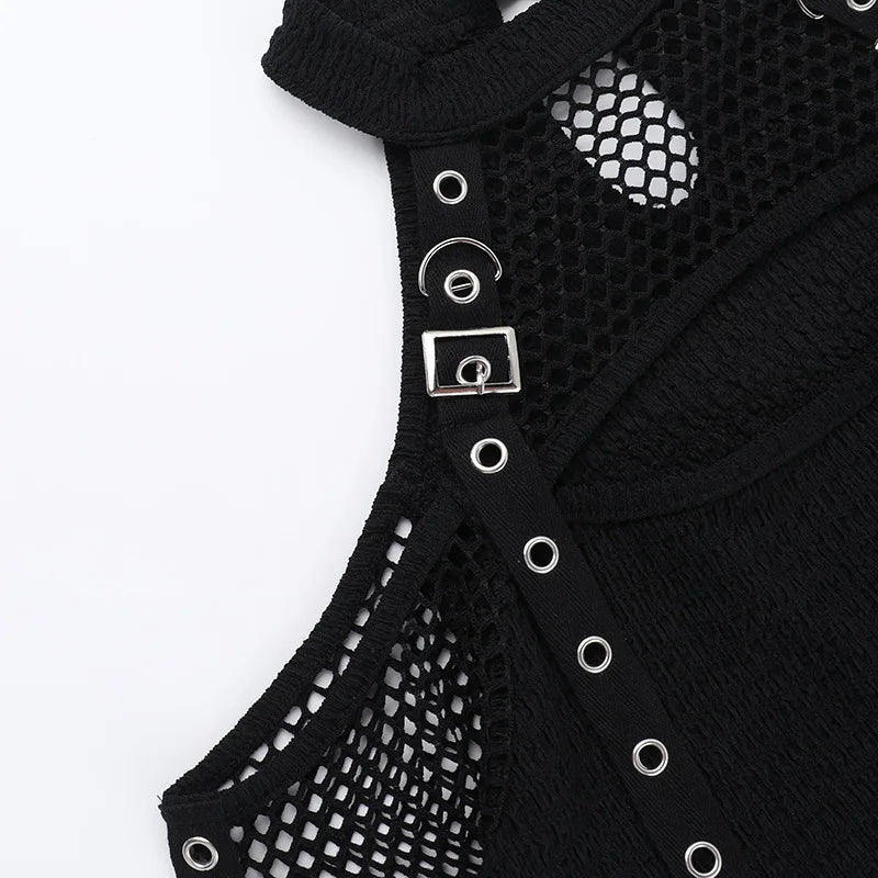 Goth Dark Fishnet Patchwork Off Shoulder Halter Top