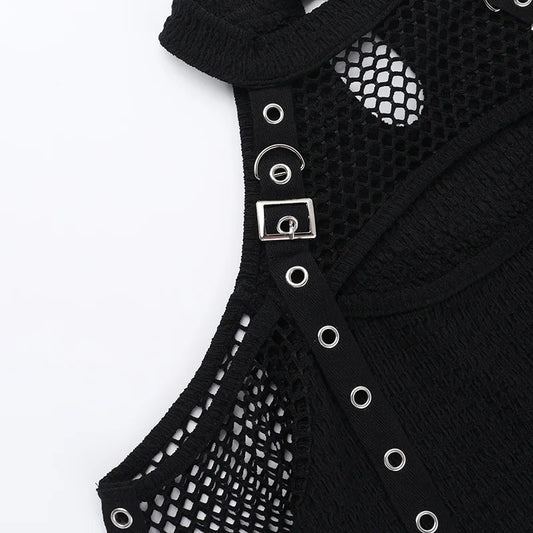 Goth Dark Punk Grunge Fishnet Patchwork Off Shoulder T-shirts Trim Corn Strap Halter Tops Autumn Mall Gothic Streetwear T-shirt