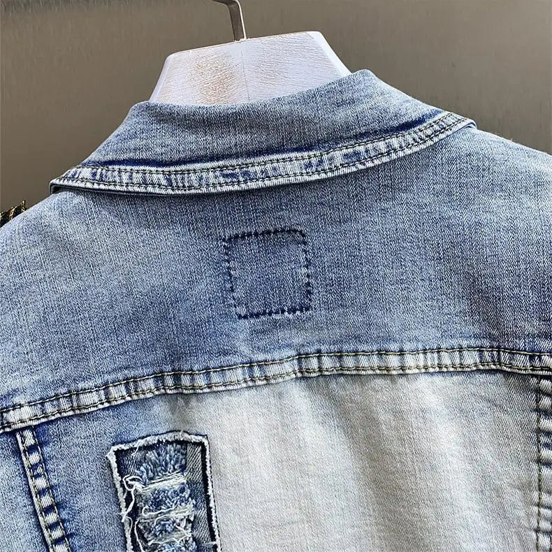 Retro Diamonds Embedding Floral Embroidery Denim Coat Spring Flowers Sequins Appliques Slim Jeans Jacket Cowboy Cardigan Jaqueta SS69