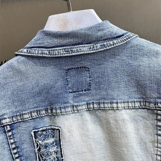 Retro Diamonds Embedding Floral Embroidery Denim Coat Spring Flowers Sequins Appliques Slim Jeans Jacket Cowboy Cardigan Jaqueta SS69