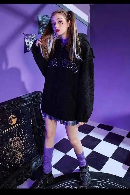 Sanrio New Hoodie Hooded Kuromi Cute Thicken Coat Fleece-Lined Embroidery Women's Loose Plus Size Hoodie Autumn and Winter Ins