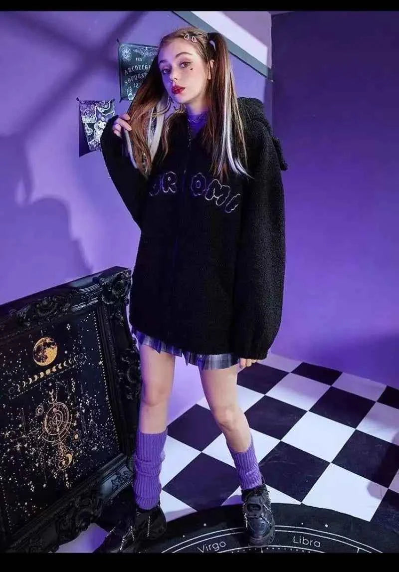 Sanrio New Hoodie Hooded Kuromi Cute Thicken Coat Fleece-Lined Embroidery Women's Loose Plus Size Hoodie Autumn and Winter Ins