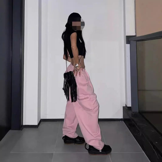 Y2K Pink Cargo Parachute Pants Oversize Hip Hop Jogging Sweatpants Egirl 90s Aesthetic Vintage Wide Leg Trousers Female SS69