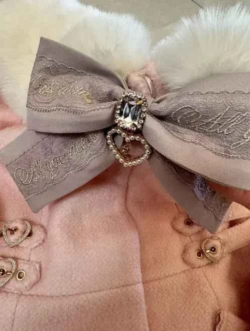 Japanese Sweet Cute Bow Pink Woolen Coat Winter New Versatile Lolita Girls Lace Love Warm Long Overcoat Liz Coat Women Clothes