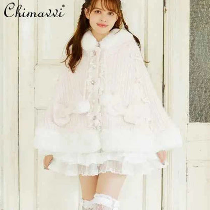 Liz Japanese Sweet Princess Faux Rabbit Fur Cape Coat Autumn Winter Girl Women Fur Jacket Clock Rhinestone Bow Hooded Coat