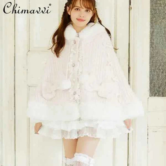 Liz Japanese Sweet Princess Faux Rabbit Fur Cape Coat Autumn Winter Girl Women Fur Jacket Clock Rhinestone Bow Hooded Coat