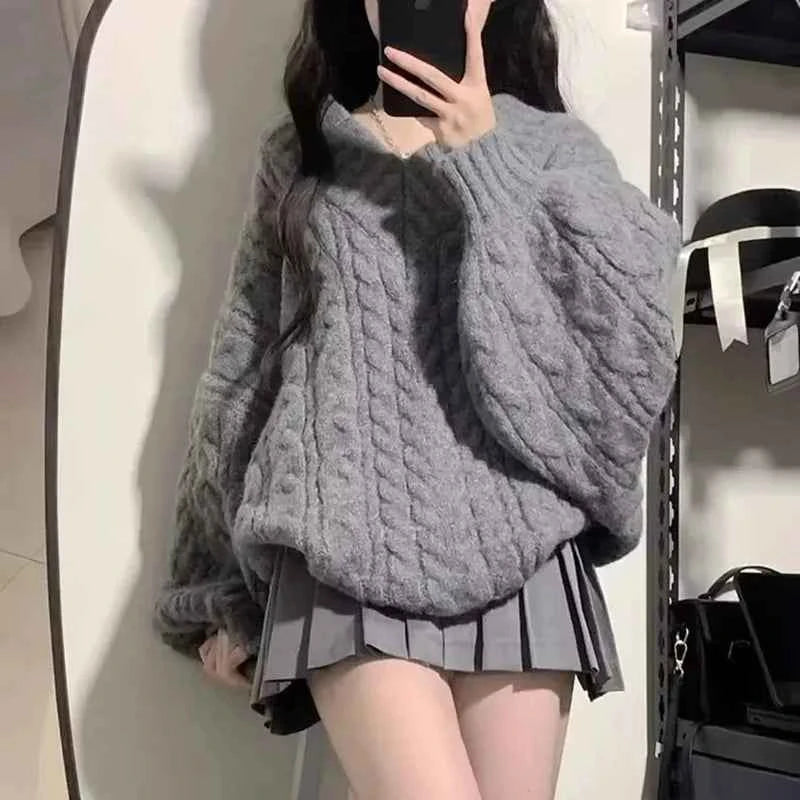 Autumn Winter Women Sweater Harajuku Oversized Knitted Pullovers Korean Long Sleeve V Neck Knitwear Preppy Solid Loose Jumper