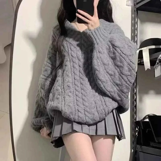 Autumn Winter Women Sweater Harajuku Oversized Knitted Pullovers Korean Long Sleeve V Neck Knitwear Preppy Solid Loose Jumper