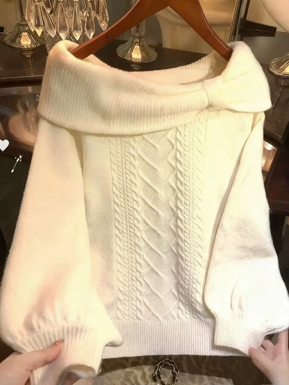 Winter Sweet Kawaii Patchwork Sweater Women Japanese Fashion Vintage Hot Girl Knitted Tops Y2k Elegant Cute Bow Pullover New