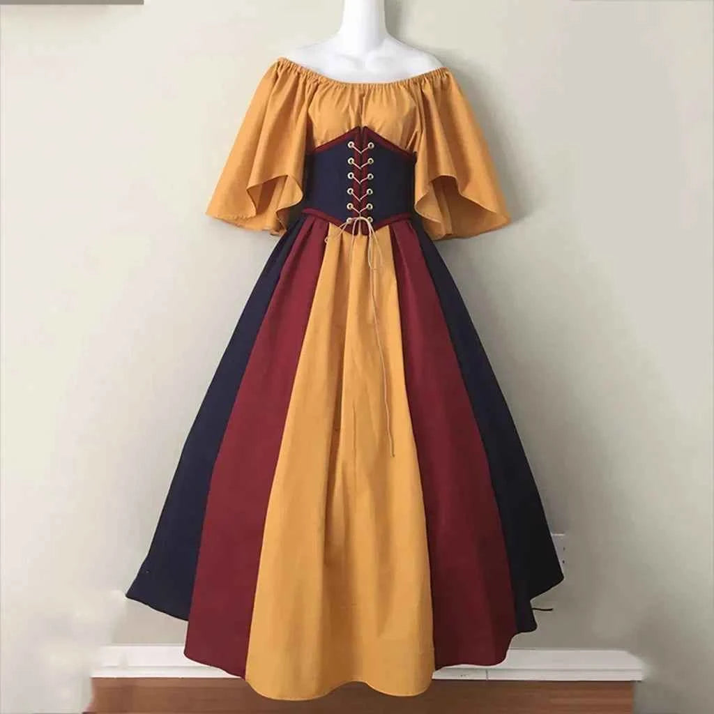 Halloween Costumes for Women Medieval Retro Contrasting Color Slim Swing Dress One-word Shoulder Dress Love Live Cosplay