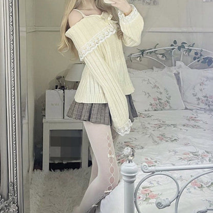 Pretty Cute Outfits Harajuku Cosplay Sweater Kawaii Lace Trim Off Shoulder Pullovers Y2K Aesthetic Vintage Long Sleeve Jumpers SS69