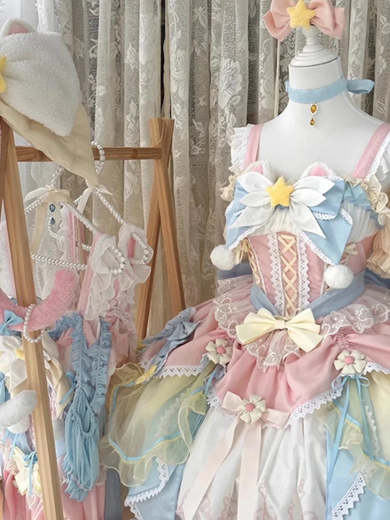 Summer Japanese Style Christmas Sweet Cute Magic Girl Lolita Pink and Blue Dress Jsk Flower Marriage Dress for Women