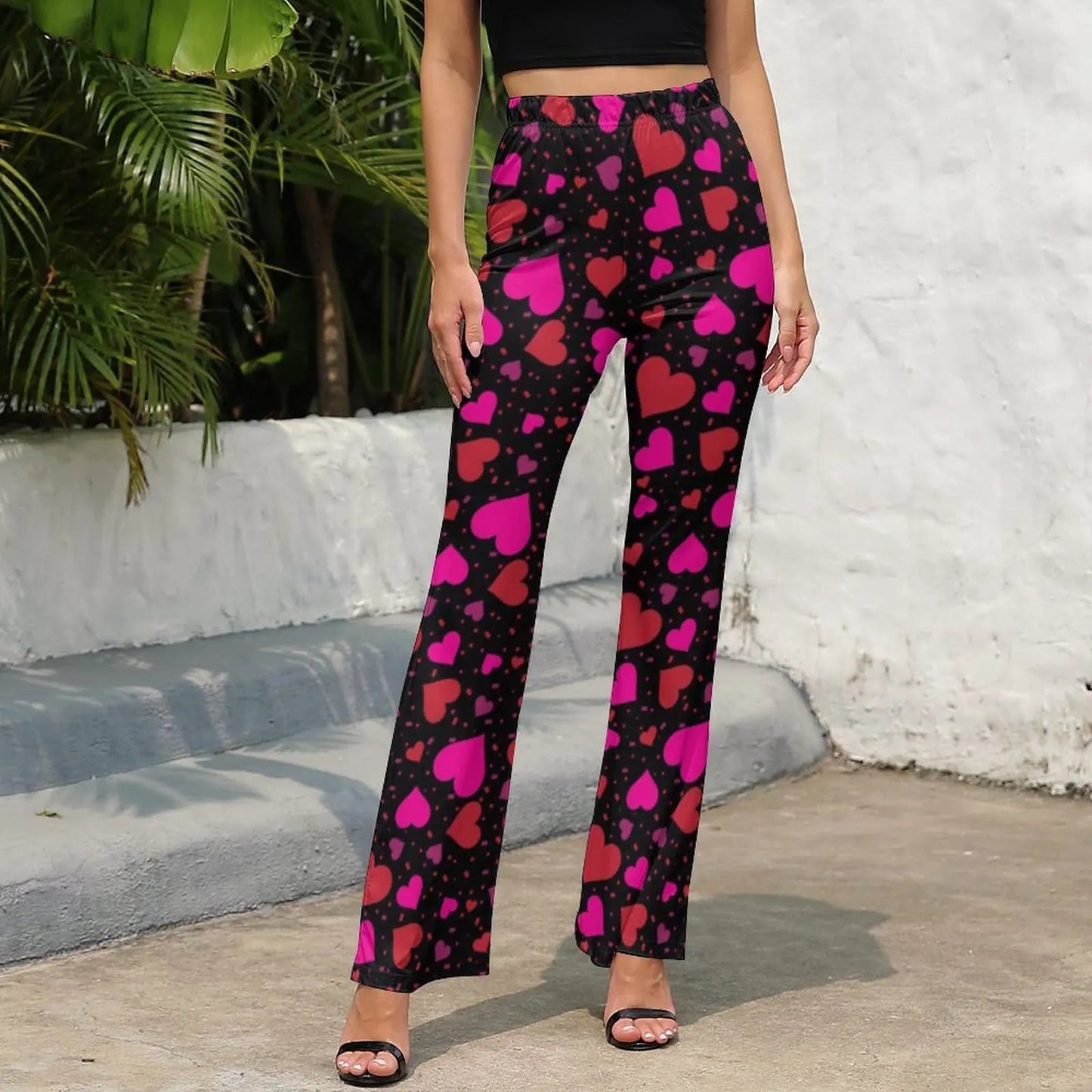 Heart Confetti Pants Elastic Waist Pink Valentines Day Streetwear Flare Pants Summer Casual Pattern Oversize Trousers SS69