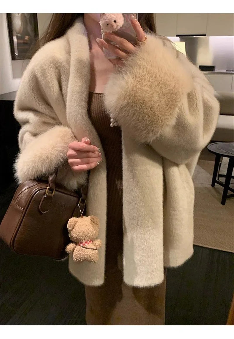 2026 Imported Velvet Mink Fur Coat With Mink Fur Collar,Temperament  Medium Length Fur Jacket Women