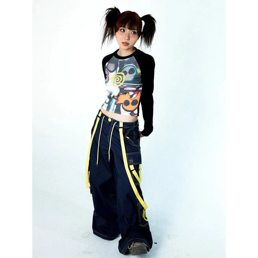 Women Vortex Skull Print Long Sleeve Raglan Stitch Backing T-Shirt Tops Fairy Grunge Graphic Vintage Y2k Slim Long Sleeve Top SS69