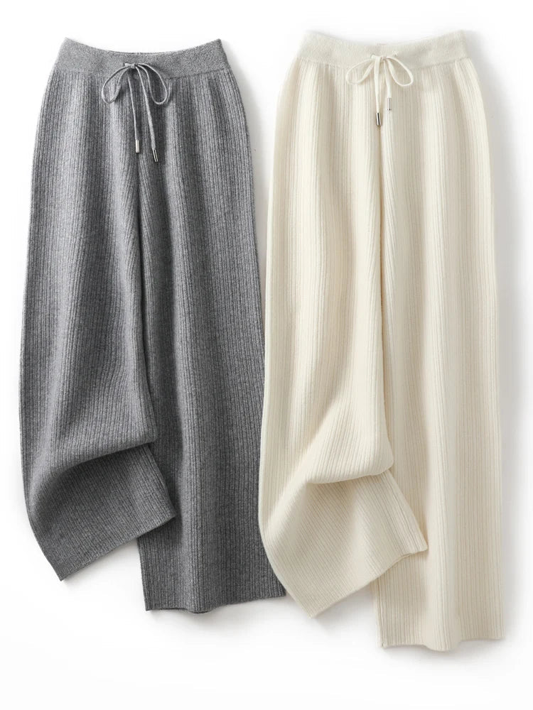 Yoyoselect New Popular Women Wide-Leg Wool Pants 100% Merino Wool Quality Soft Trousers Basic Casual Knitted Elastic Waist Slack SS69