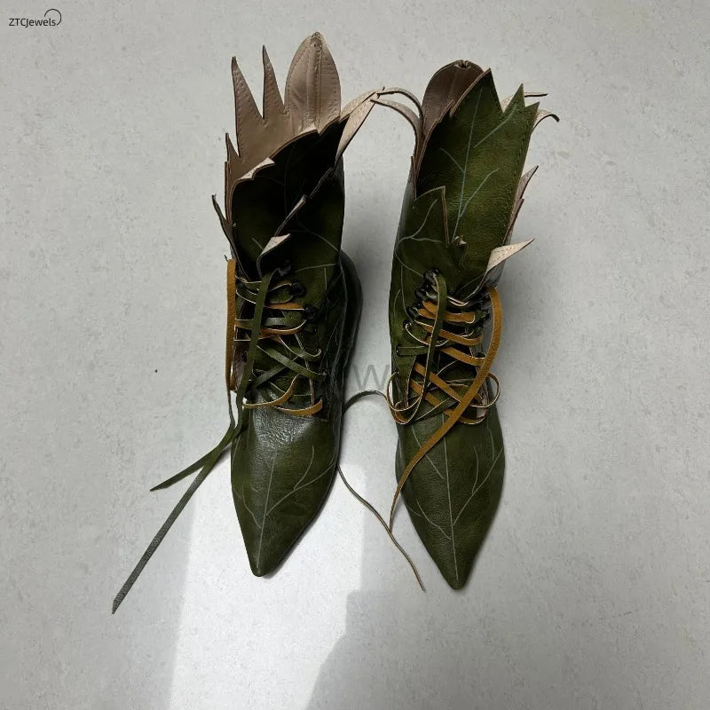 Women New Halloween Elf Witch Cosplay Retro Shoes Faux Leather Party Green Tree Spirit Leaf Boots Gifts for Her