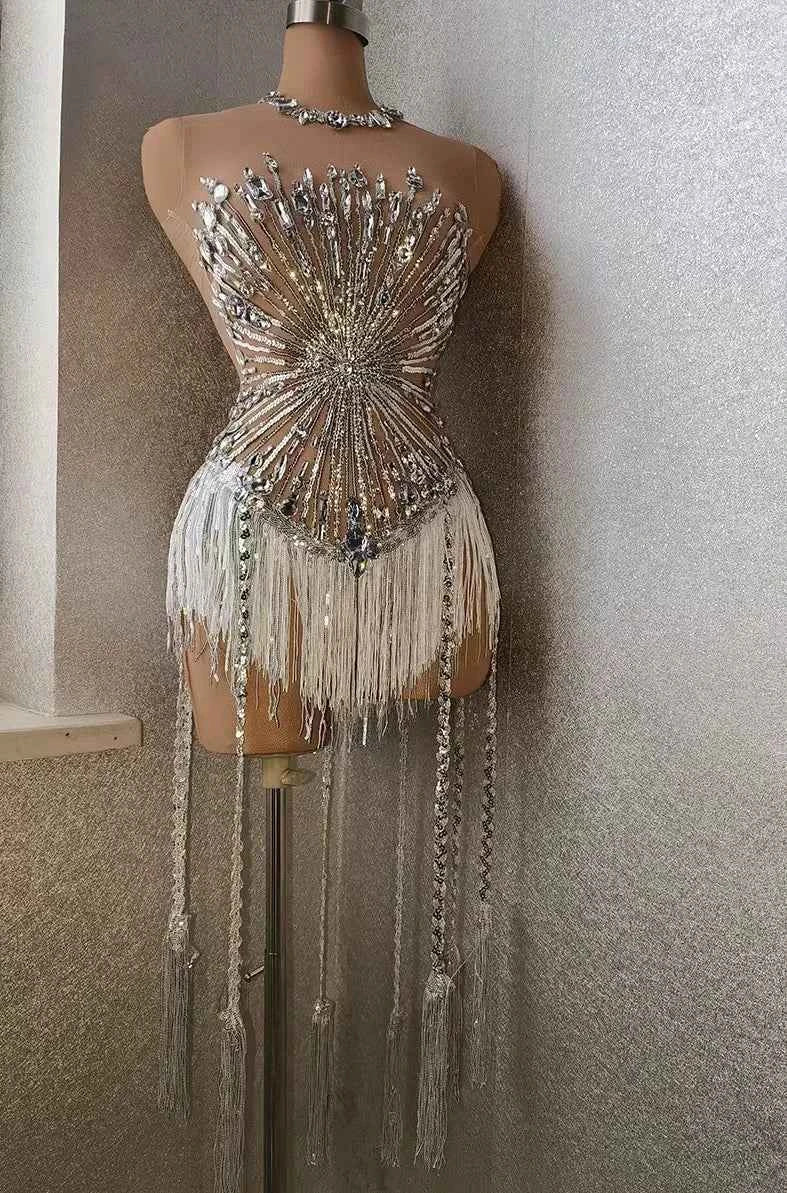 Sparkly Rhinestones Sequins Fringes for Women Stage Wear Leotard Sexy Mesh Transparent Performance Dance Costume Club Outfit