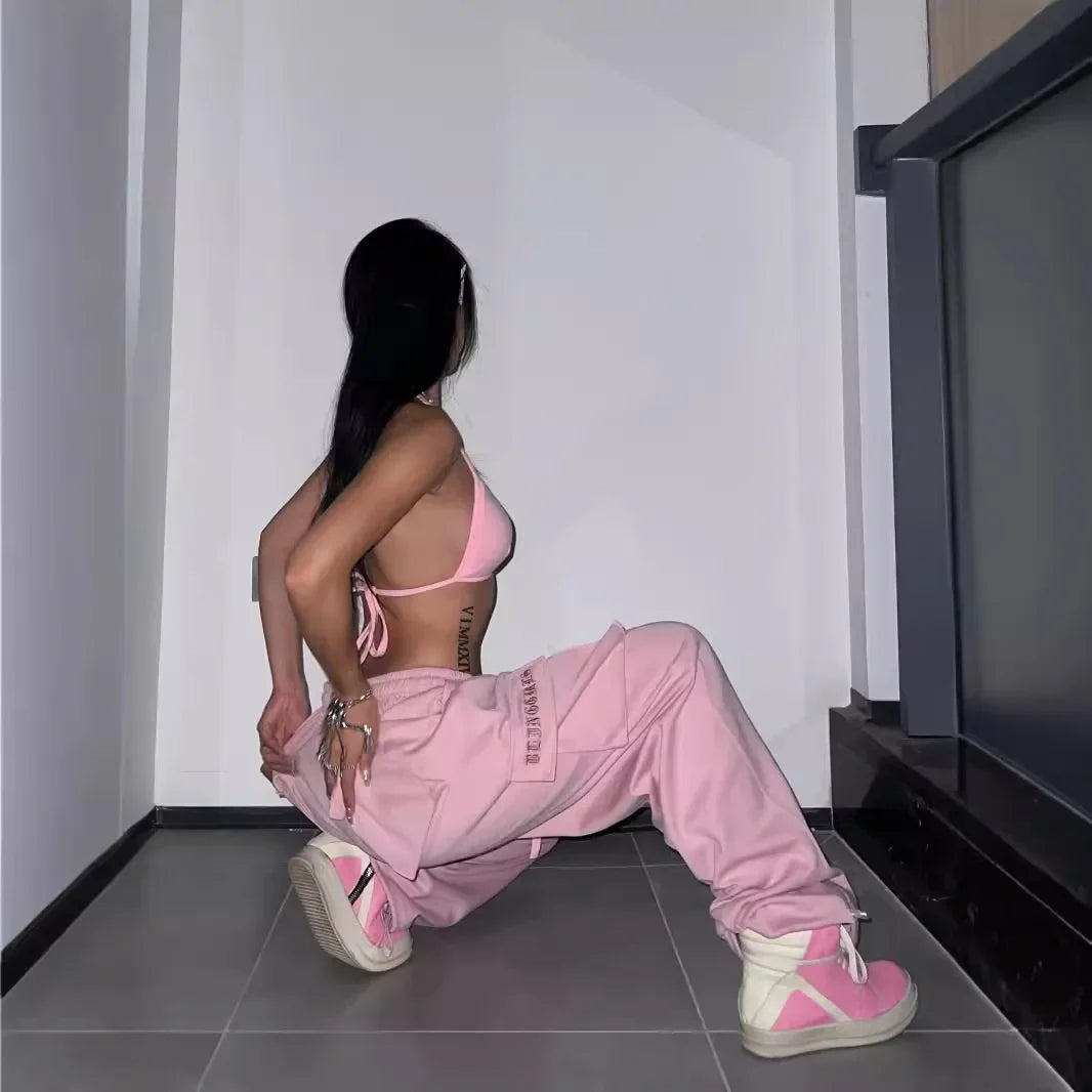 Y2K Pink Cargo Parachute Pants Oversize Hip Hop Jogging Sweatpants Egirl 90s Aesthetic Vintage Wide Leg Trousers Female SS69
