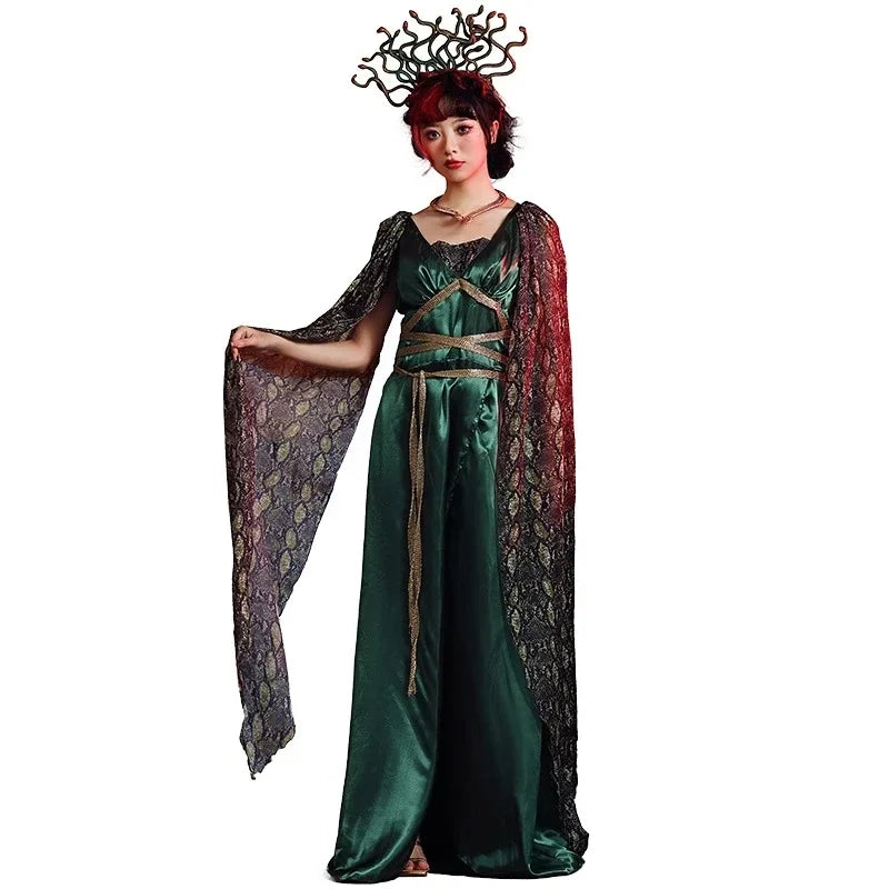 Women's Medusa cosplay costume featuring a green satin dress, snake-print cape, and snake headpiece.