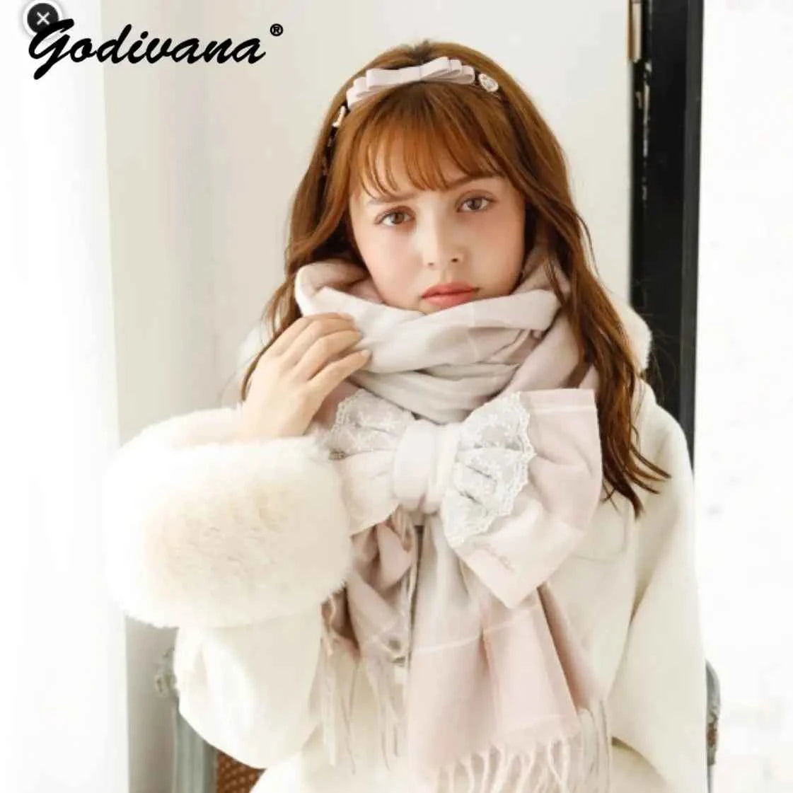 Japanese Liz New Lazy Wind Girls Sweet Plaid Lace Bow Scarf Soft Warm Women's Winter Lolita Scarf