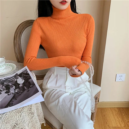 2025 Autumn Winter Women Long Sleeve Knitted Foldover Turtleneck Ribbed Pull Sweater Soft Warm Femme Jumper Pullover Clothes SS69