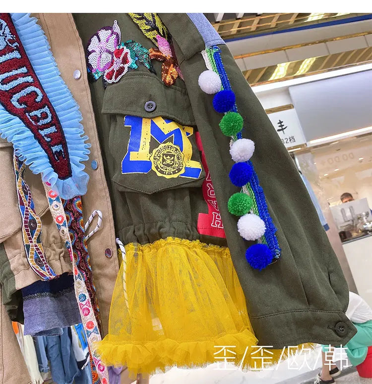 Women Floral Embroidery Sequined Trench Coats Mesh Spliced Ruffles Denim Jacket Hairballs Tassels Jeans Cardigan Streetwear Tops SS69