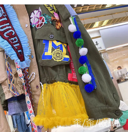 Women Floral Embroidery Sequined Trench Coats Mesh Spliced Ruffles Denim Jacket Hairballs Tassels Jeans Cardigan Streetwear Tops SS69